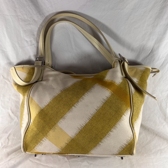BURBERRY Off White Canvas and Different Hues of Yellow Lines Tote Shoulder Bag - Picture 14 of 17